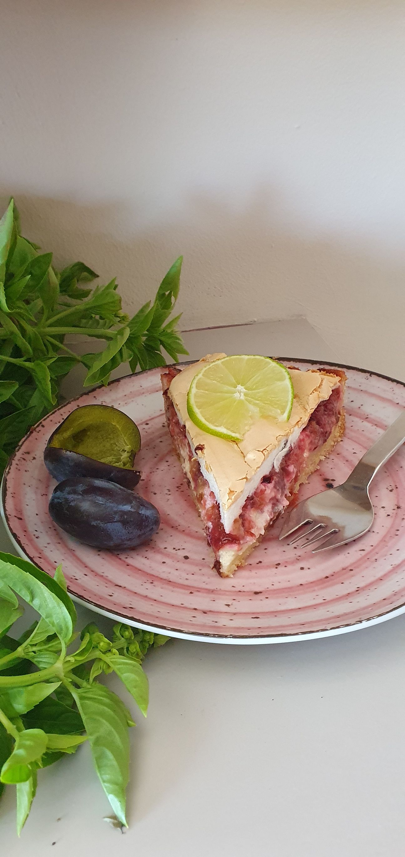 Ein Stück gefüllter Kuchen auf einem Teller, dekoriert mit Zitrone und Zwetschge